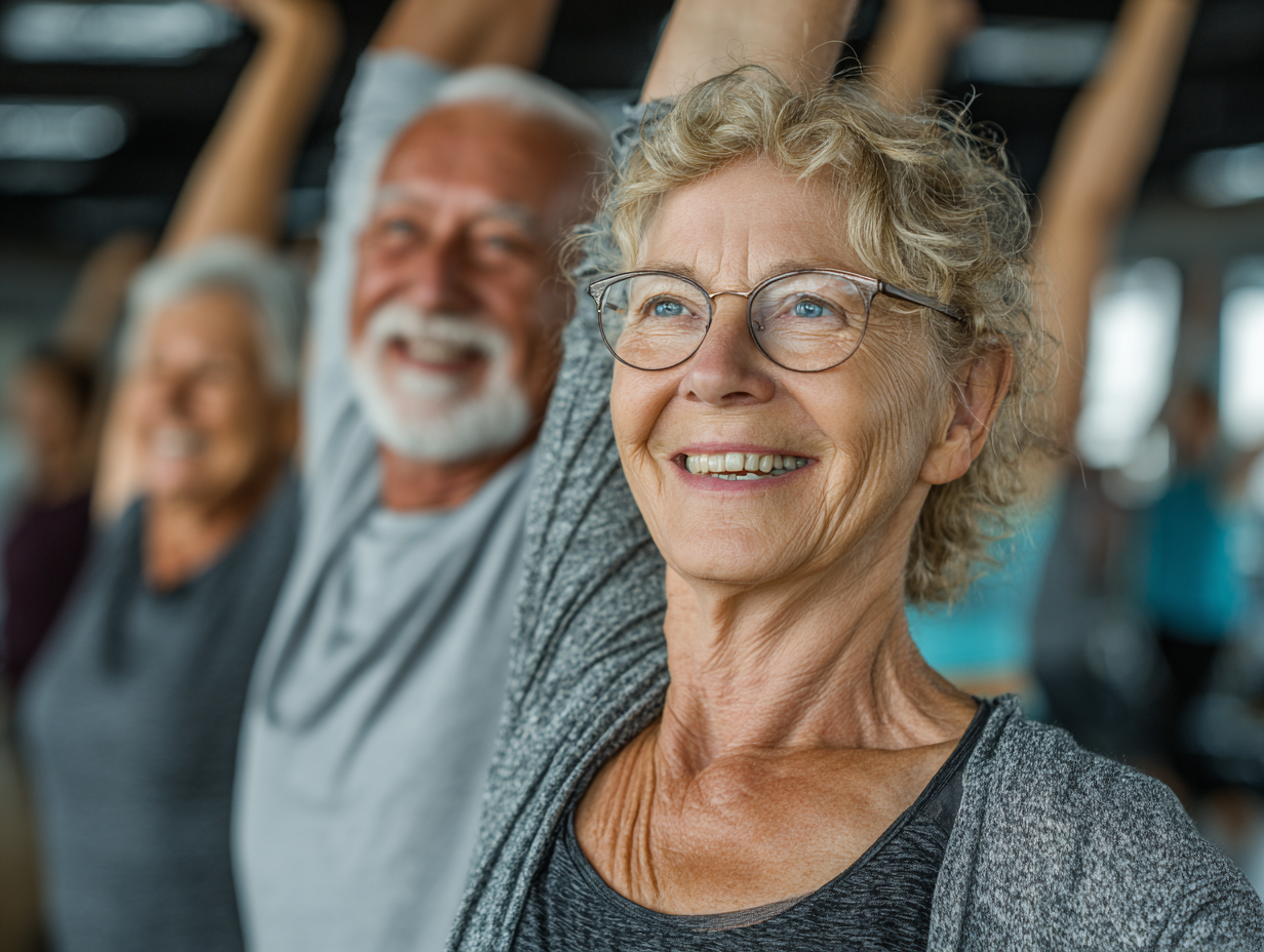 Šťastní senioři cvičí společně venku